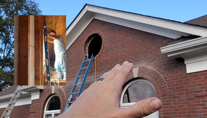 Repairing the masonry crack: Grinding out old cement, then filling with new matching material.