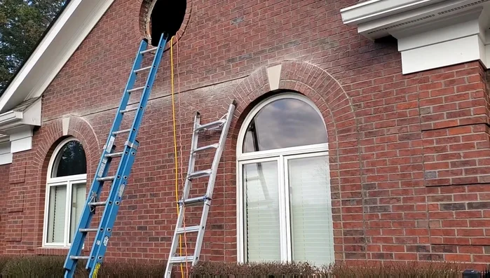 Repairing the masonry crack: Grinding out old cement, then filling with new matching material.