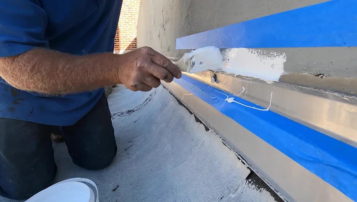 Apply a generous amount of high-quality, UV-protected silicon sealant (like Extreme Silicon) directly to the area where the flashing meets the wall, ensuring complete coverage and adhesion to the underlying material (cement or metal).