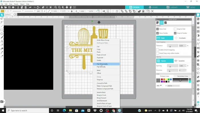Flip the design horizontally and position it on the screen, mirroring its placement on the cutting mat.