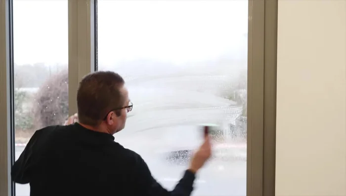 Perform a final cleaning with a sponge and squeegee, drying the edges with lint-free paper.