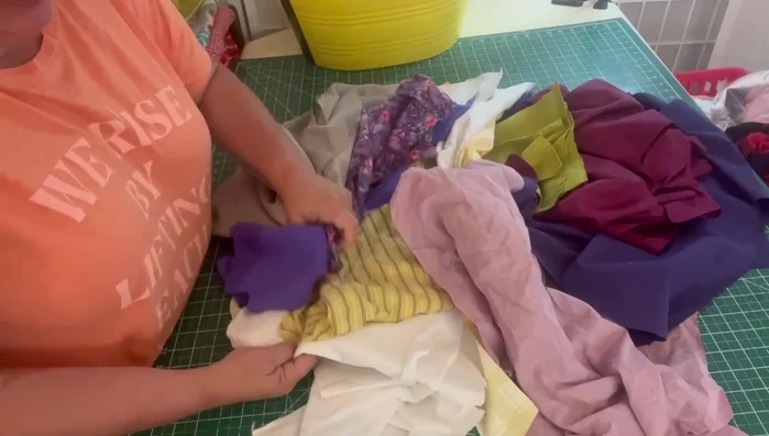 Organize your fabric pieces by color and size.