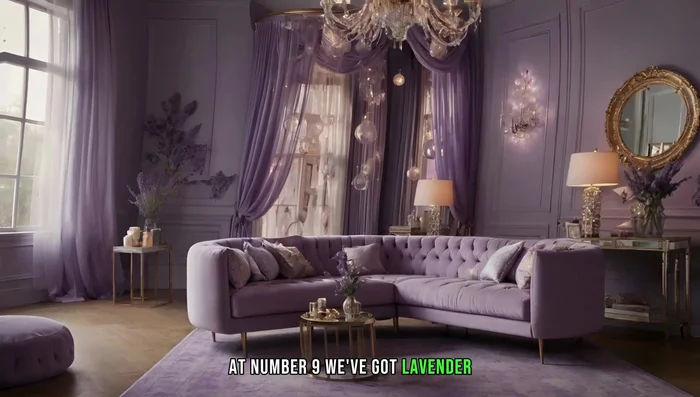 Create a romantic and sophisticated living room with a soft lavender scheme, pairing it with plush velvet furniture and gauzy curtains.