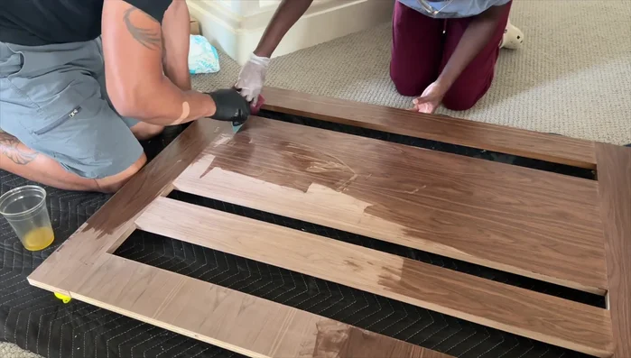 Apply Rubio Monocoat to visible parts of the bed for protection and to enhance the walnut's natural beauty.