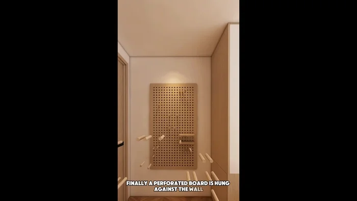 Hang a perforated board on the wall for coats and bags.