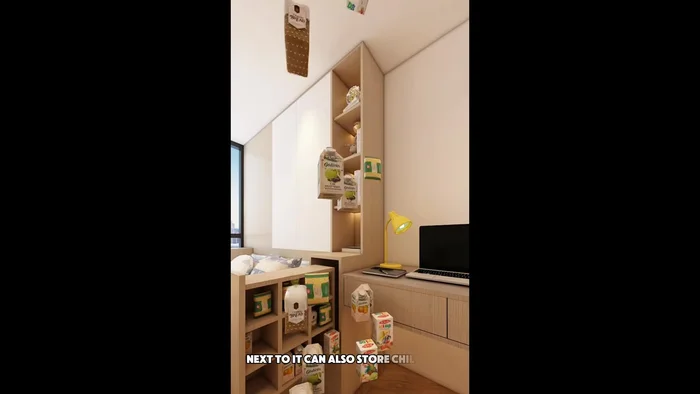 Install a tall cabinet next to the pull-out cabinet. Use the upper shelves for children's books and the lower shelves for less frequently used items. Close the doors to keep dust out.