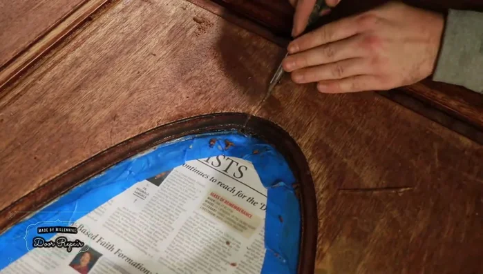 Fill gouges with wood filler, ensuring it's pushed deep into the gouge for a strong bond.