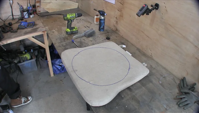 Create and attach the seat using foam, a plywood backing, and fabric (upcycled bandanas in this case).