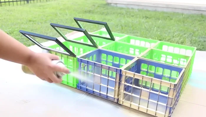 Paint: Spray paint the assembled cabinet with Rustoleum metallic spray paint.