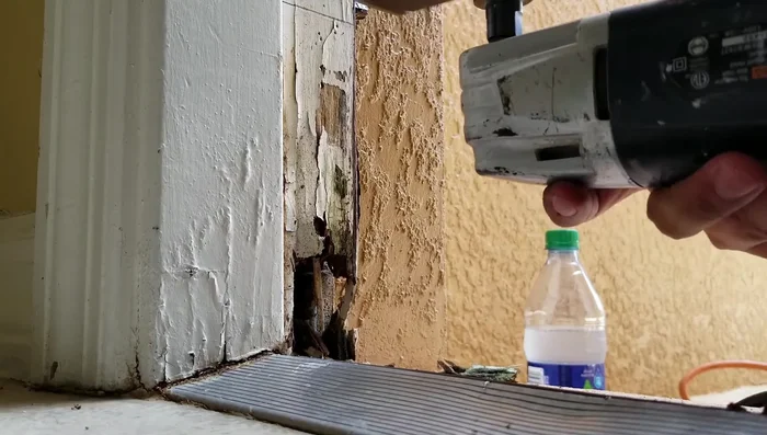 Clean out the rotted wood, chipping away until you reach solid, hard wood.