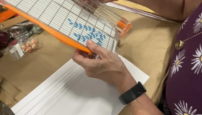 Cut the triangles: Using a paper cutter, carefully cut along the drawn lines to create triangular strips.