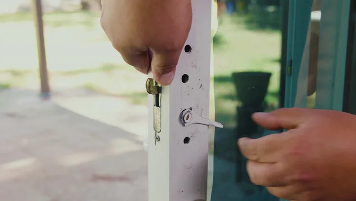 If the latch hook is inside the door, use the locking tab or a flathead screwdriver to get it out.