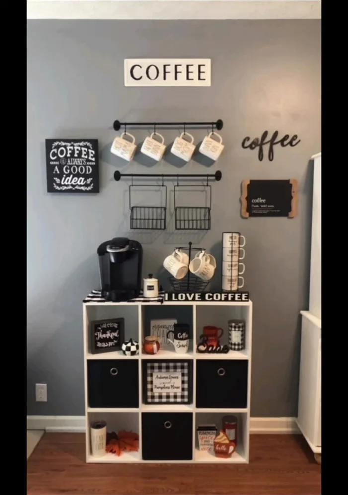 Consider painting a wall with a coffee-inspired color or pattern to make your coffee corner stand out.