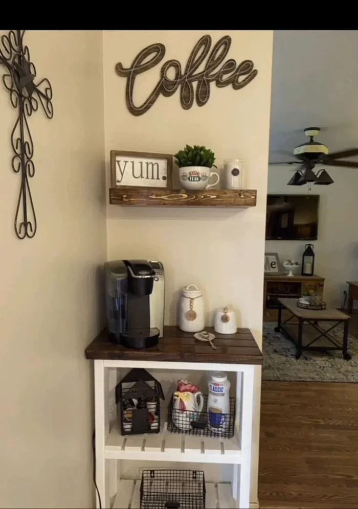 Install a coffee cup rack or board to hang your cups and mugs, saving space and adding an artistic display element.