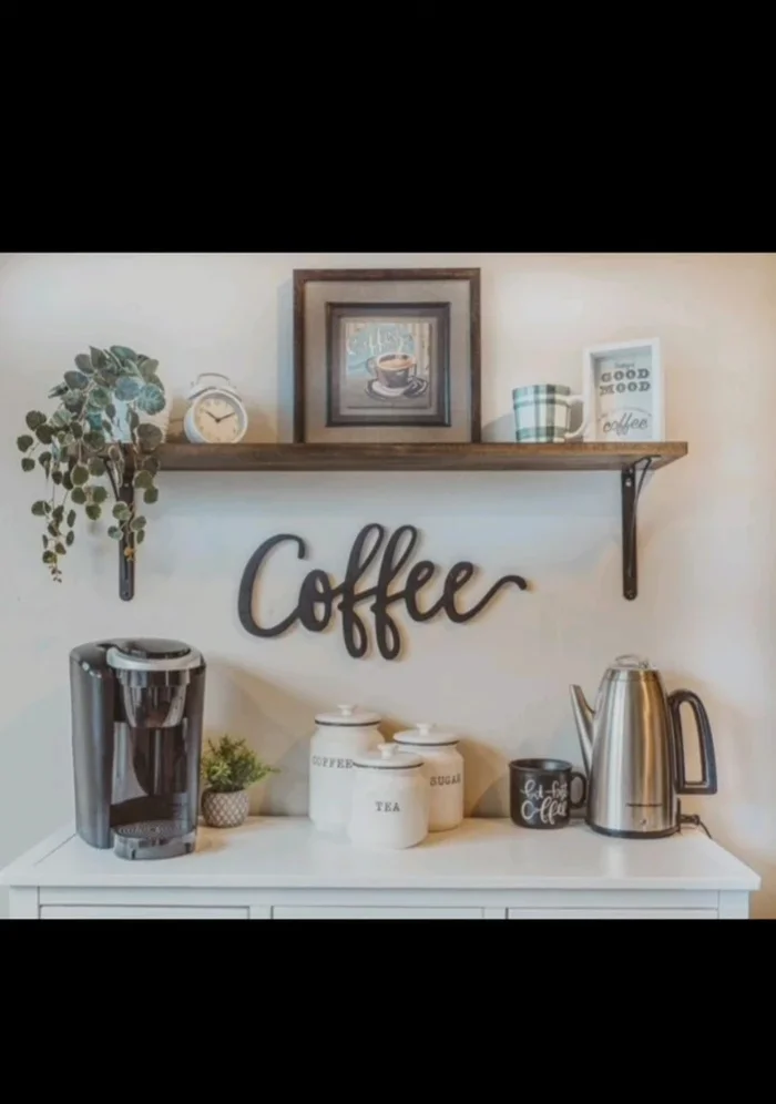 Install a coffee cup rack or board to hang your cups and mugs, saving space and adding an artistic display element.