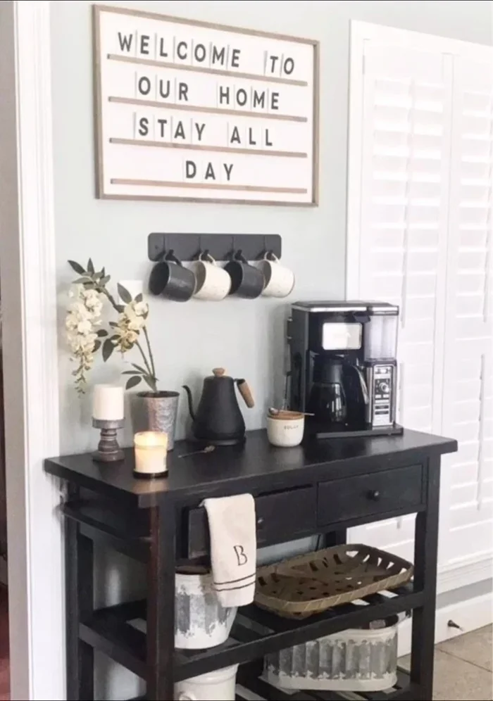 Consider painting a wall with a coffee-inspired color or pattern to make your coffee corner stand out.