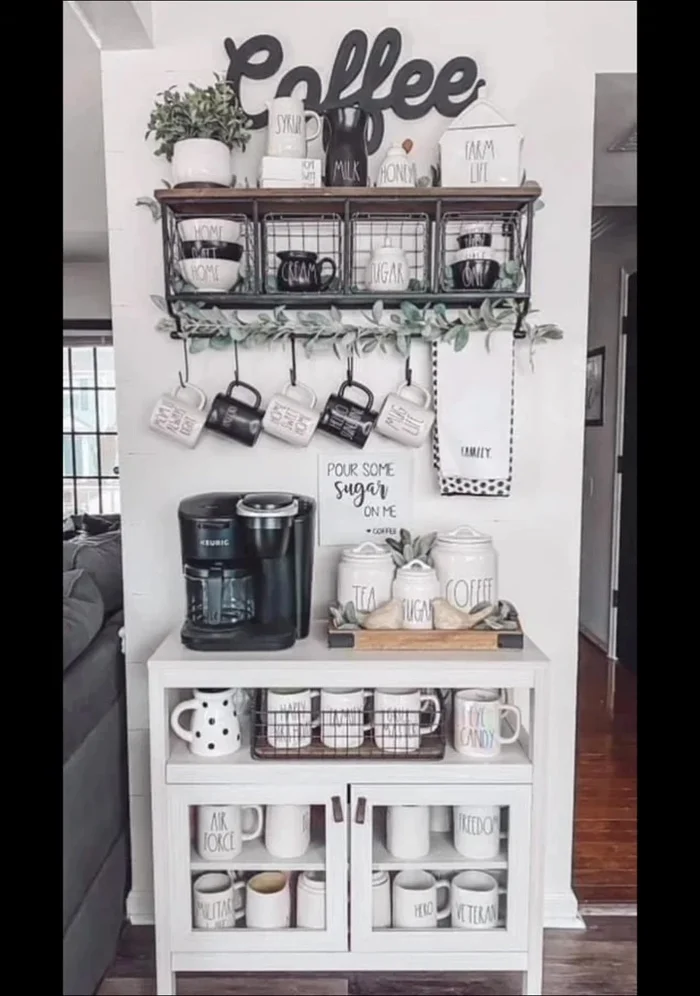 Install a coffee cup rack or board to hang your cups and mugs, saving space and adding an artistic display element.