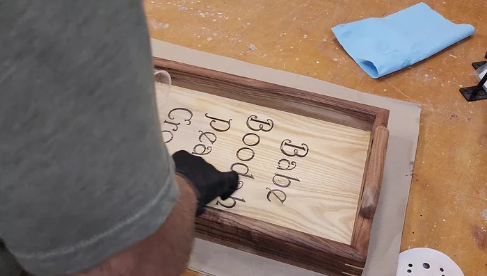 Finish the tray using Rubio Monocoat Pure, applying it with a scrubby pad and buffing it off with a t-shirt.