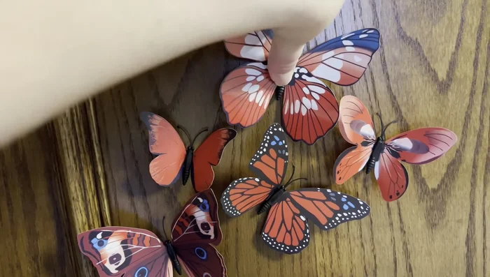 Add 3D butterfly stickers in a rainbow pattern to the wall.