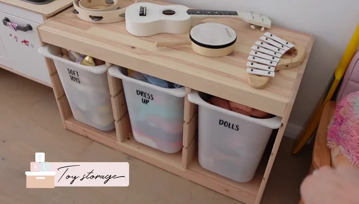 Utilize IKEA tubs and shelving for toy storage in the playroom. Implement a toy rotation system to prevent boredom and overwhelm.