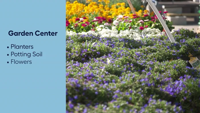 Gather your materials from Lowe's: Planters, potting soil, flowers from the garden center; cafe lights and poles from the lighting department.