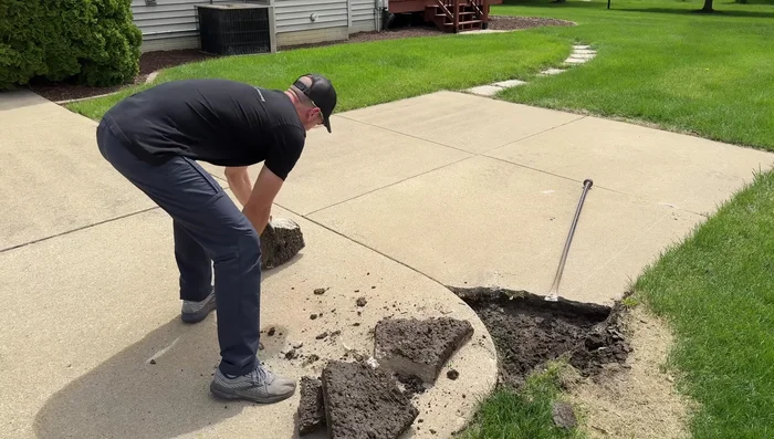 Break up the remaining chunk into smaller, manageable pieces using a sledgehammer.