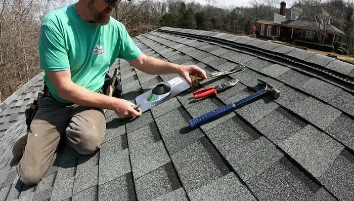 Insert the pipe and flashing into the hole. Secure the flashing with roofing nails.