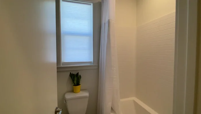Repeat the accent wall design in the shower/tub area, using a longer shower curtain to maximize space.