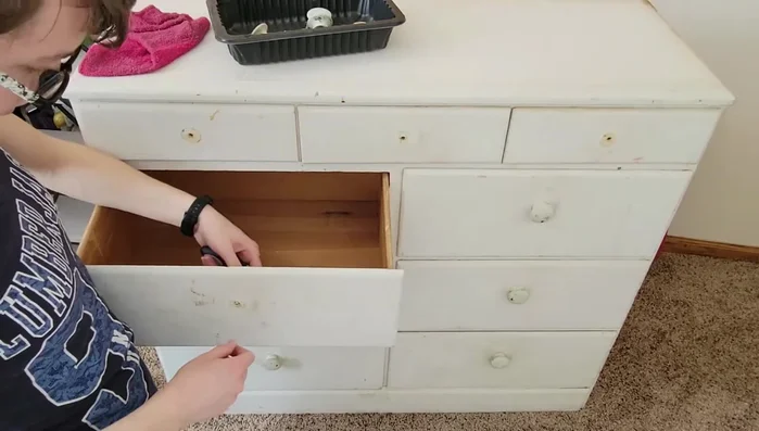 Assess usable wood and plan the shelf layout. Decide to make shelves instead of restoring the dresser.