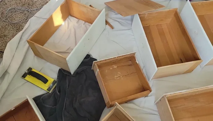 Assess usable wood and plan the shelf layout. Decide to make shelves instead of restoring the dresser.