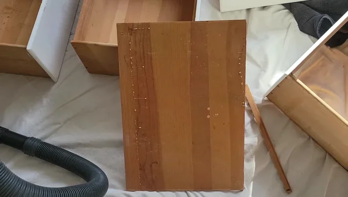 Assess usable wood and plan the shelf layout. Decide to make shelves instead of restoring the dresser.