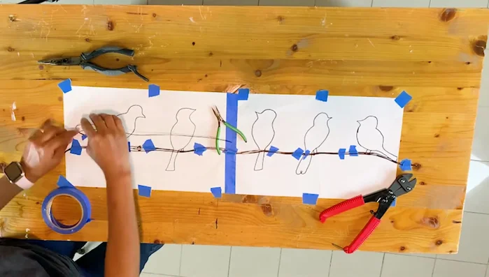 Shape the birds: Use pliers to shape the wire according to the bird's form, creating curves and details. Use masking tape to hold the wire in place while shaping.