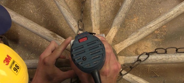 Route out a deep round opening in the wagon wheel for the wire connections (junction box area).