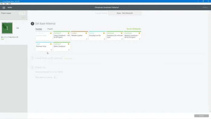 Connect Cricut Design Space to your machine, select cardstock as the material type, and click 'Continue'.