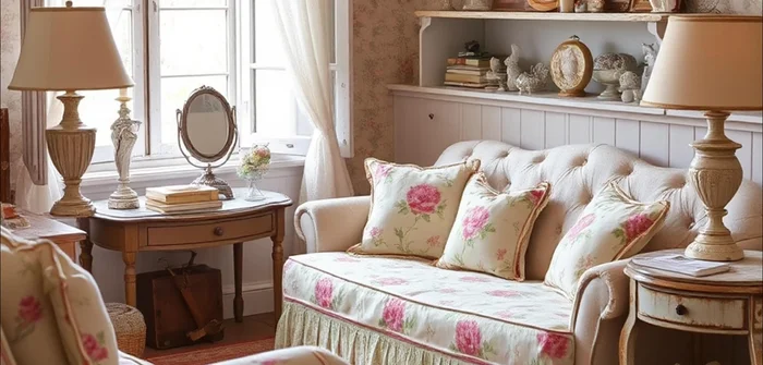 Incorporate soft floral patterns on cushions, curtains, or rugs in muted colors.