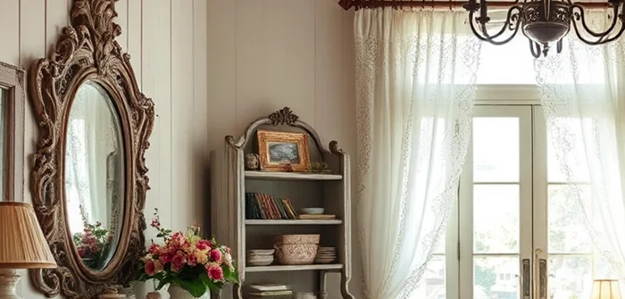 Add vintage mirrors and picture frames with distressed wood or antique gold frames.