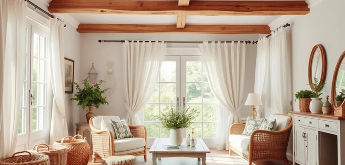 Incorporate natural materials like wooden beams, wicker baskets, and linen curtains.