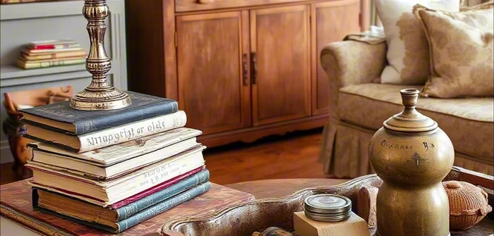 Finish with vintage accessories like candelabras, old books, and decorative trays.