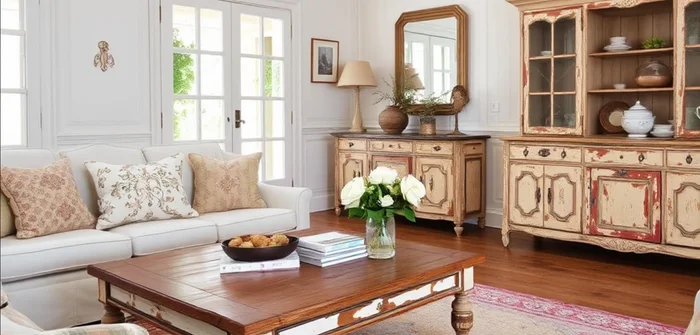 Choose weathered and distressed furniture pieces for a rustic feel.