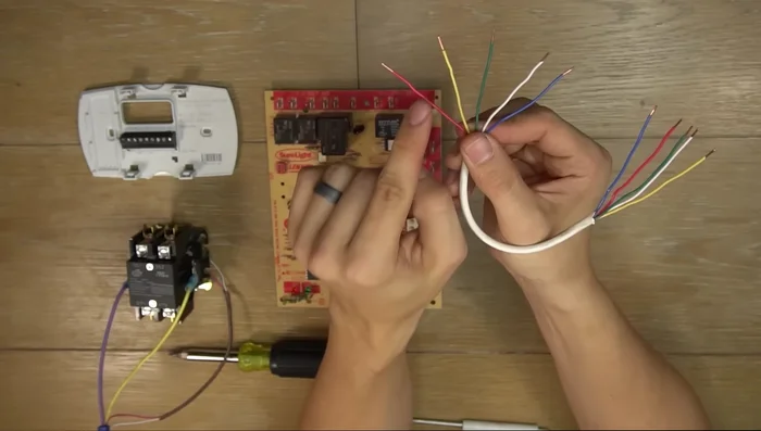 Identify the wires (R, Y, G, W, C) and their corresponding colors. Note that colors may vary.
