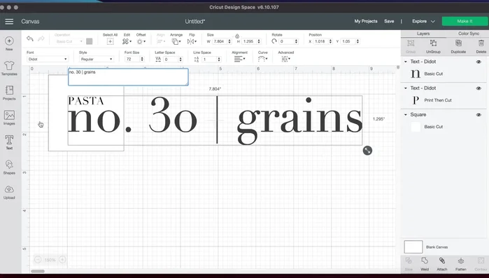 Add a line using a text box and the line key, adjusting font size and style. Set operation to 'Print then Cut' and color to black.