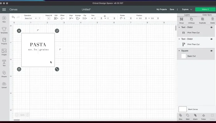 Add a line using a text box and the line key, adjusting font size and style. Set operation to 'Print then Cut' and color to black.