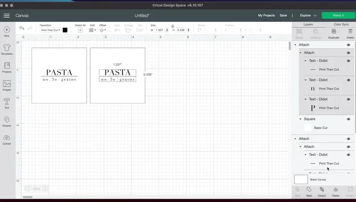 Select all elements in each label and attach them. Flatten each label to ensure it cuts around the entire square, not individual letters.