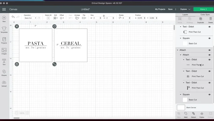 Select all elements in each label and attach them. Flatten each label to ensure it cuts around the entire square, not individual letters.