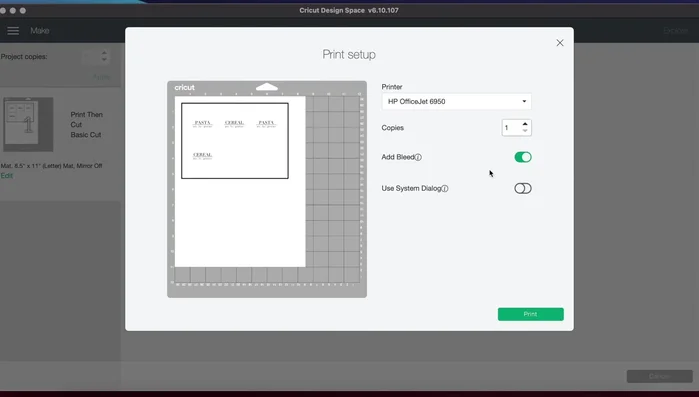 Turn off 'Add Bleed'. Consider printing in black and white using system dialogue for better ink efficiency.