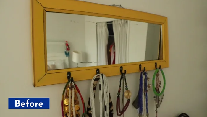 Install custom-made mirror and bookshelf (optional).