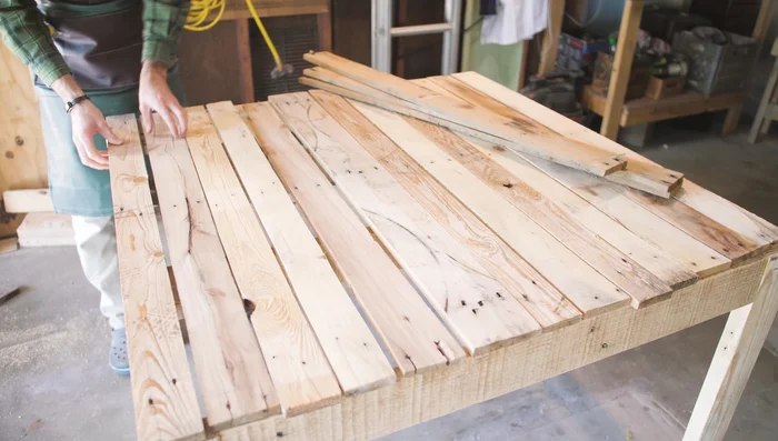 Arrange and secure the tabletop boards. (Use glue and clamps where necessary, screws for added strength as needed.)