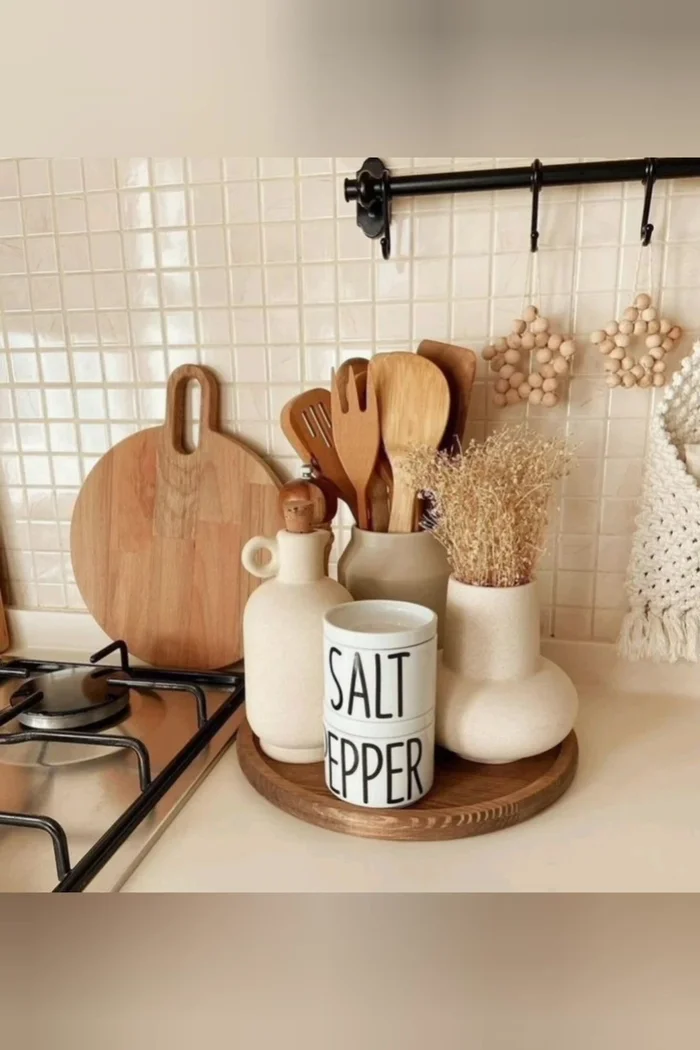 Utilize a hanging system: Hang items like spice racks or coffee service to keep things organized and add elegance.