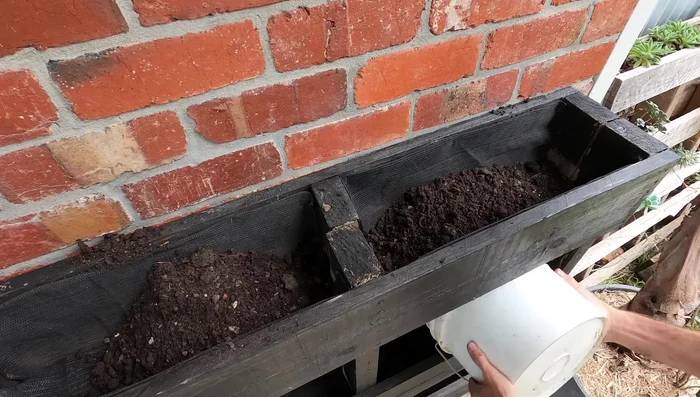 Fill the pallet beds with the soil mix.