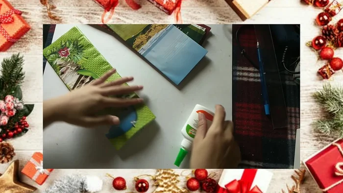 Glue the end and center of one green piece. Attach other green pieces and then the red pieces on top. Repeat to make four sets.